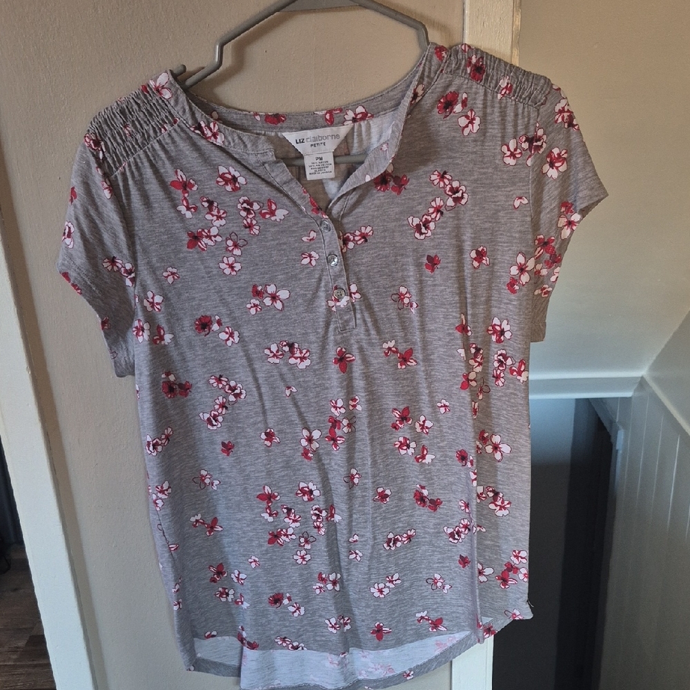 Liz Claiborne Gray and Red Floral Blouse